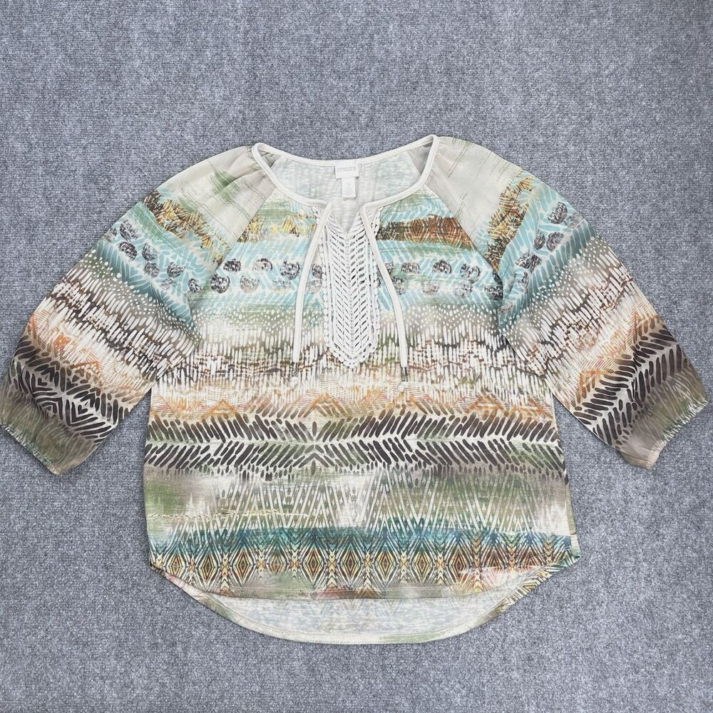 Chicos Top Sz 2 Womens Size Large Tie Front Balloon Sleeve Boho Blouse